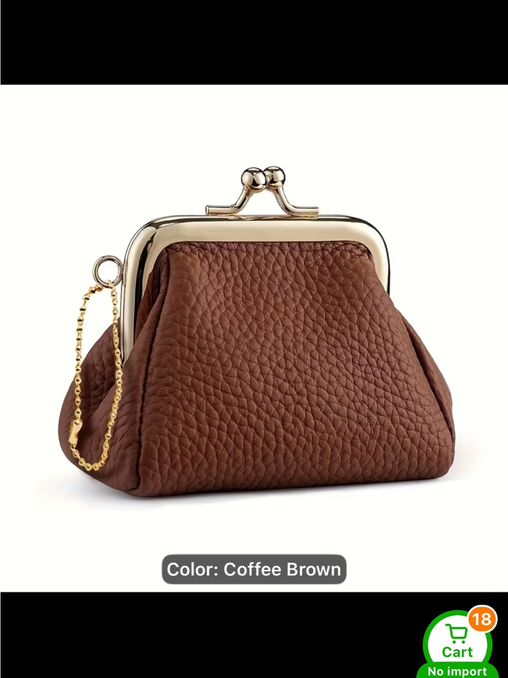 Textured Coffee Brown Leather Kiss-Lock Wristlet with Gold Chain